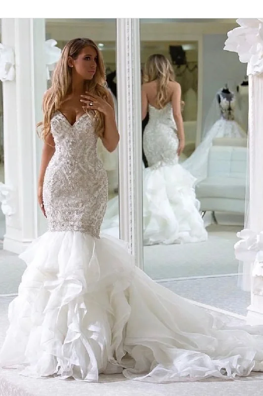 A-Line Bridal Gowns for Flattering Fit -Backless Ruffled Train Mermaid Sweetheart Wedding Gown with Beaded Bodice OK1428 A-Line Bridal Gowns for Flattering Fit -Backless Ruffled Train Mermaid Sweetheart Wedding Gown with Beaded Bodice OK1428