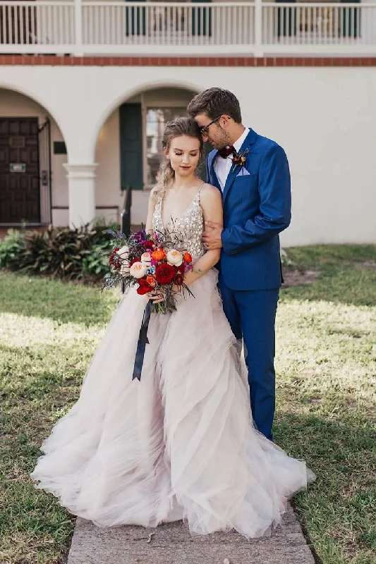 Wedding Dresses with Lace Back for Vintage Charm -Ball Gown Sexy Deep V-Neck Beaded Bodice Rustic Wedding Dress OKU45