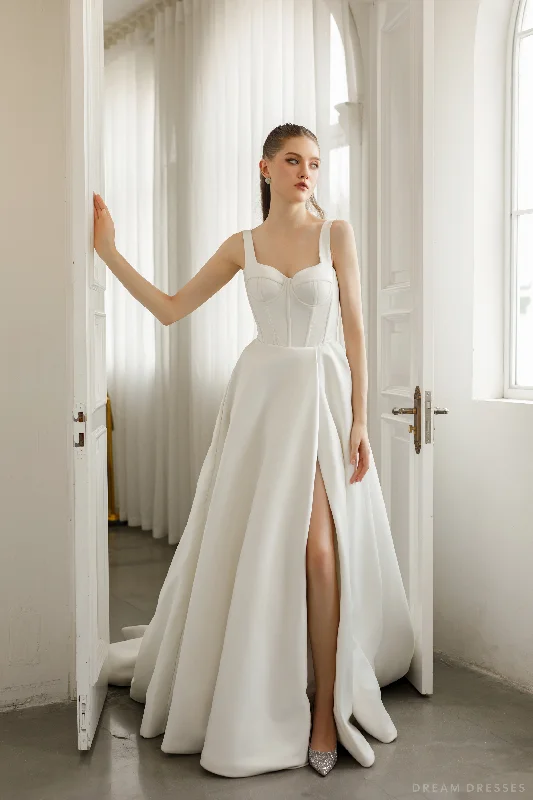 Wedding Dresses with Floral Lace Detail for Feminine Charm -Satin Ball Gown Wedding Dress with High Slit  (#KHANHTIEN)