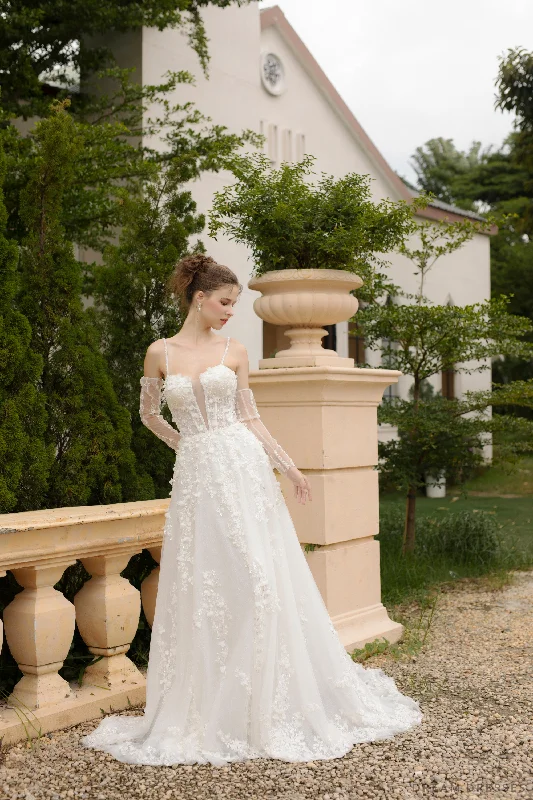 Plunging V-Neck Wedding Dresses for Daring Look -Ball Grown Wedding Dress with Detachable Sleeves (#NADIEN)