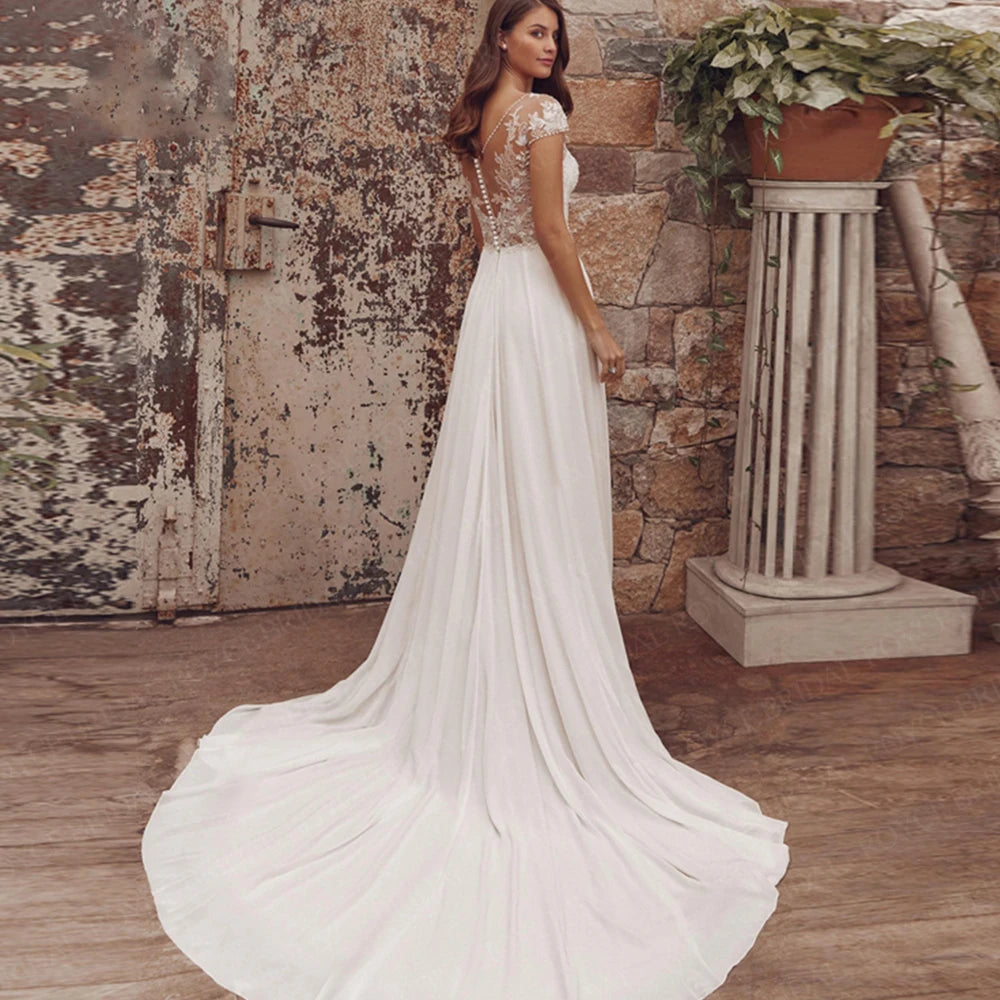 Elegant Off-Shoulder Wedding Dresses for Romantic Feel -Beach Chiffon Wedding Dresses With Cap Sleeve V-Neck Lace  Appliques Boho