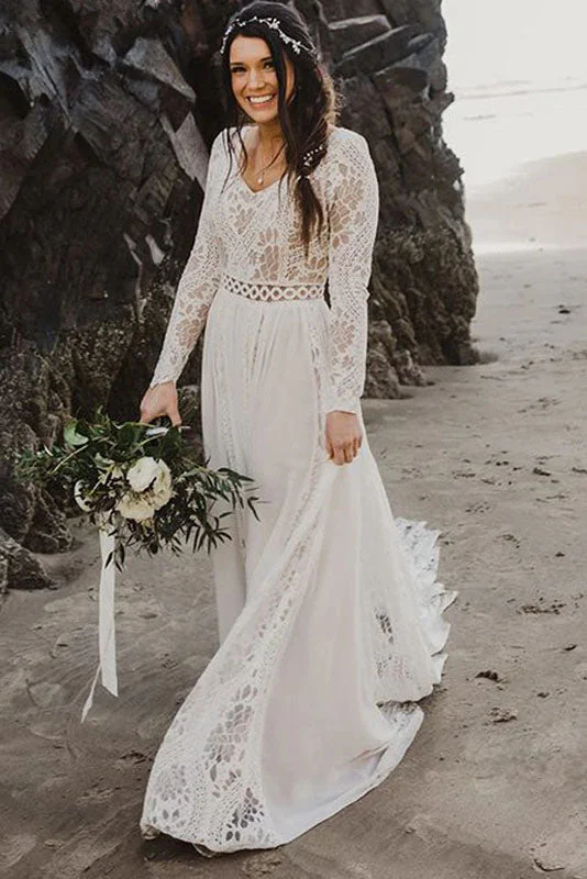 Sleek Satin Wedding Dresses for Clean, Minimalist Look -Beach Wedding Dress Long Sleeves V Neck Lace Chiffon A-line Bridal Gowns OKY94