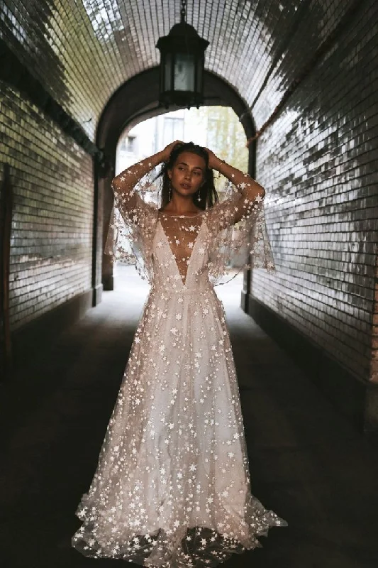 Sequined Wedding Dresses for Dazzling Appeal -Beach Wedding Dress Shiny Stars A-line Boho Backless Summer Bridal Dress OK1561