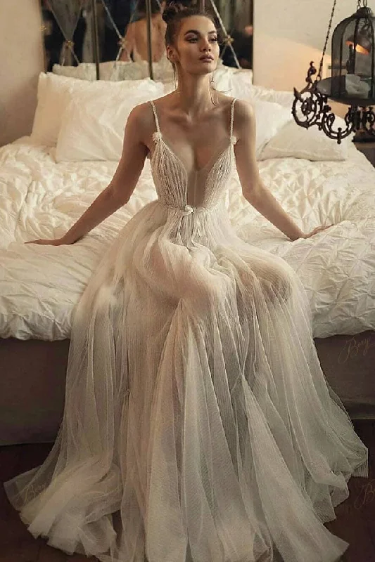 Lace Wedding Gowns with Crystal Detail for Extra Sparkle -Beaded Tulle Skirt Spaghetti Straps Long Wedding Gowns Beach A-line Illusion Women Bridal Dress OKW50