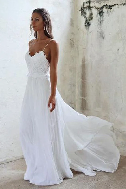 Silk Wedding Dresses for Soft and Elegant Style -Beautiful A Line Lace Long White Spaghetti Straps Beach/Coast Wedding Dresses OK270