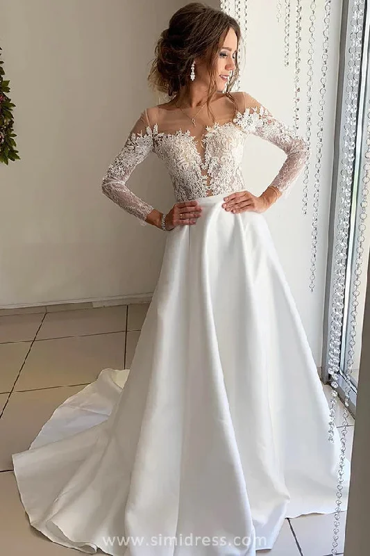 Empire Wedding Dresses for Effortless Glam -Beautiful A Line Satin Long Sleeves Open Back Wedding Dresses with Lace Appliques OK1676 Empire Wedding Dresses for Effortless Glam -Beautiful A Line Satin Long Sleeves Open Back Wedding Dresses with Lace Appliques OK1676