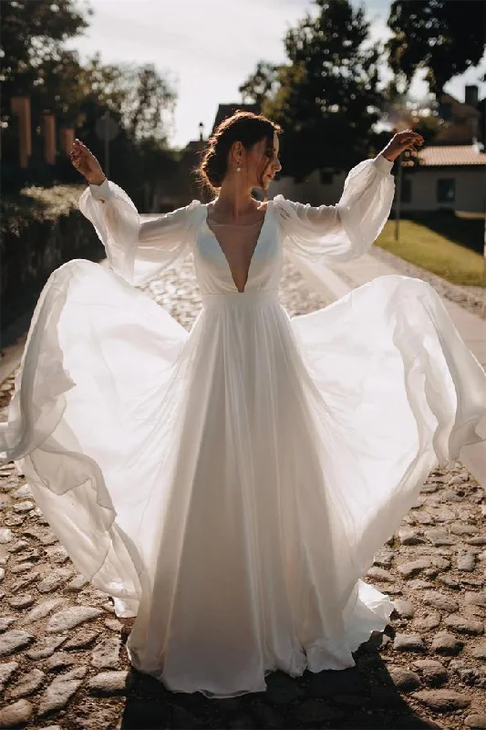 Bridal Satin Wedding Dresses for Luxurious Appeal -Beautiful Chiffon V Back Wedding Gowns Long Puffy Sleeves Beach Wedding Dress OK1200