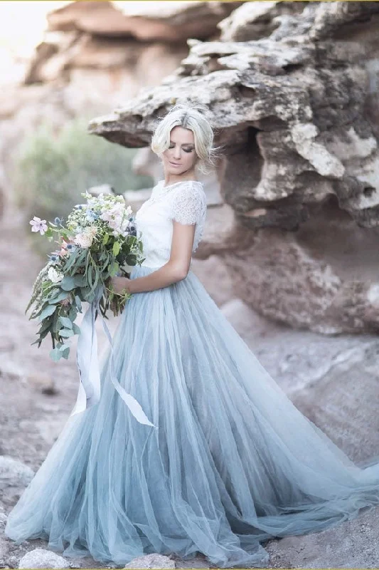 Elegant Lace Wedding Gowns for Bridal Perfection -Beautiful lace Top Short Sleeves Prom Dress, A Line Cheap Wedding Dress OKG4