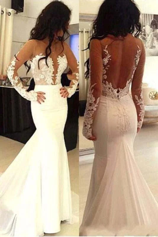 Bridal Dresses with Layers for Volume and Movement -Beautiful Long Sleeves See Through Mermaid Lace Appliques Wedding Dress With Trailing OKD53 Bridal Dresses with Layers for Volume and Movement -Beautiful Long Sleeves See Through Mermaid Lace Appliques Wedding Dress With Trailing OKD53