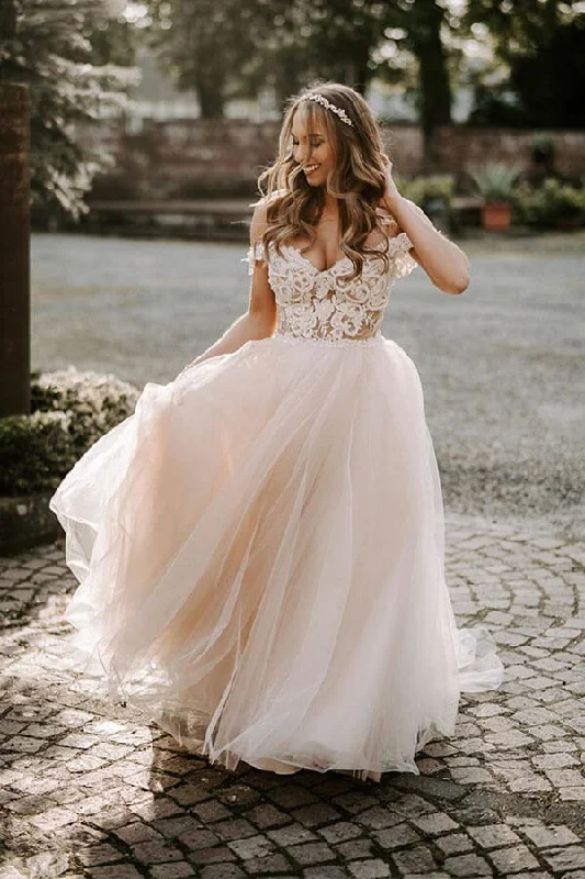 Wedding Dresses with Vintage Lace for Retro Charm -Beautiful Tulle A-line Off the Shoulder Wedding Dress With Lace Appliques OKY34