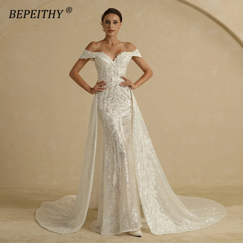 Wedding Dresses with Bow Detail for Playful Touch -Ivory Sequins Mermaid Wedding Dresses For Women 2 In 1 Detachable