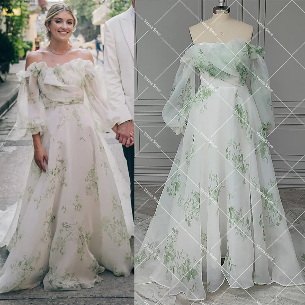 Silk Wedding Dresses for Classic Elegance -Floral Print Wedding Gowns Long Balloon Sleeves Organza Silk Wedding Dresses for Classic Elegance -Floral Print Wedding Gowns Long Balloon Sleeves Organza