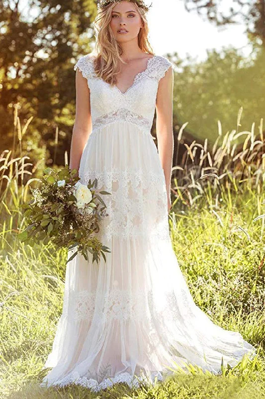 Floor-Length Wedding Dresses for Traditional Look -Bohemian A Line V Neck Lace Bridal Gown Simple Beach Wedding Dress OKK37