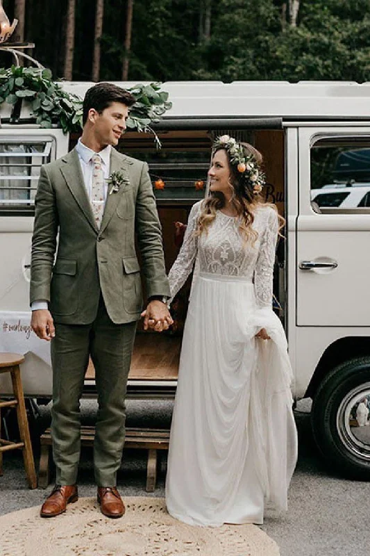 Gold Wedding Dresses for Glamorous Weddings -Bohemian Lace Top Long Sleeve Beach Wedding Gowns Boho Bridal Gowns OKU87