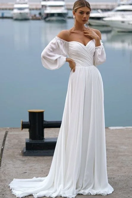 Wedding Dresses with Satin Bodice for Smooth Finish -Boho A Line Chiffon Off-the-shoulder Beach Wedding Dress with Long Sleeves OK1582