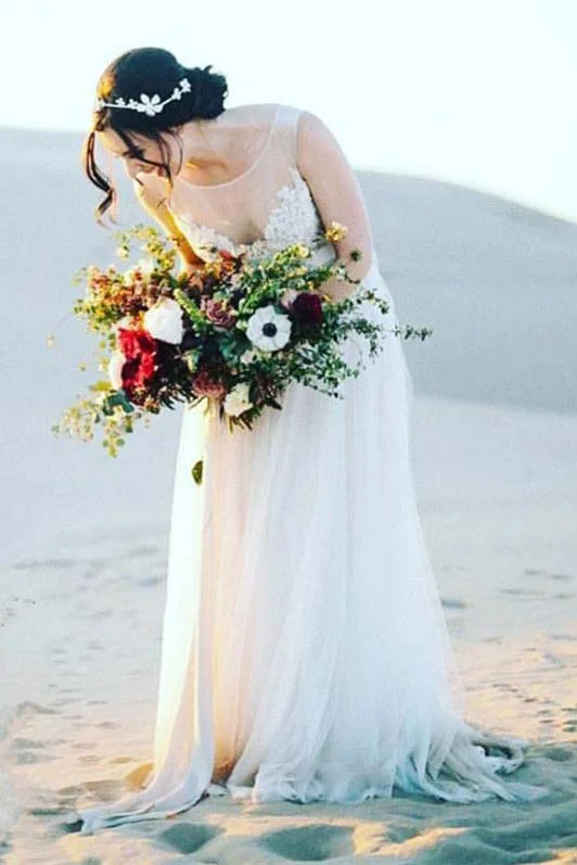 Beach Wedding Dresses for Destination Weddings -Boho A-Line Lace Appliques Tulle Long Beach Wedding Dresses OKD54