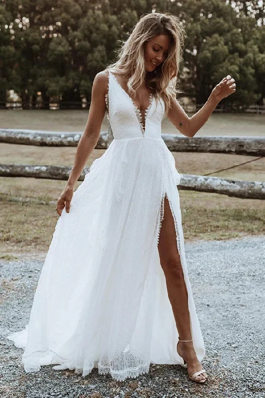 Wedding Dresses with Train for Extra Glamour -Boho Chiffon A-line V-neck Lace Spaghetti Straps Beach Wedding Dresses Bridal Dress OK1680