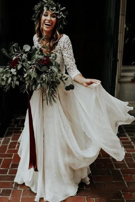Sheer Wedding Dresses for Elegant Coverage -Boho Ivory Chiffon 3/4 Sleeves Two Piece Cheap Wedding Dresses OKN88