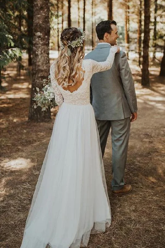 Modern Wedding Dresses with Clean Silhouette for Minimalist Charm -Boho Ivory Tulle Lace Top A Line Long Sleeves Wedding Dress With Sweep Train OK1139