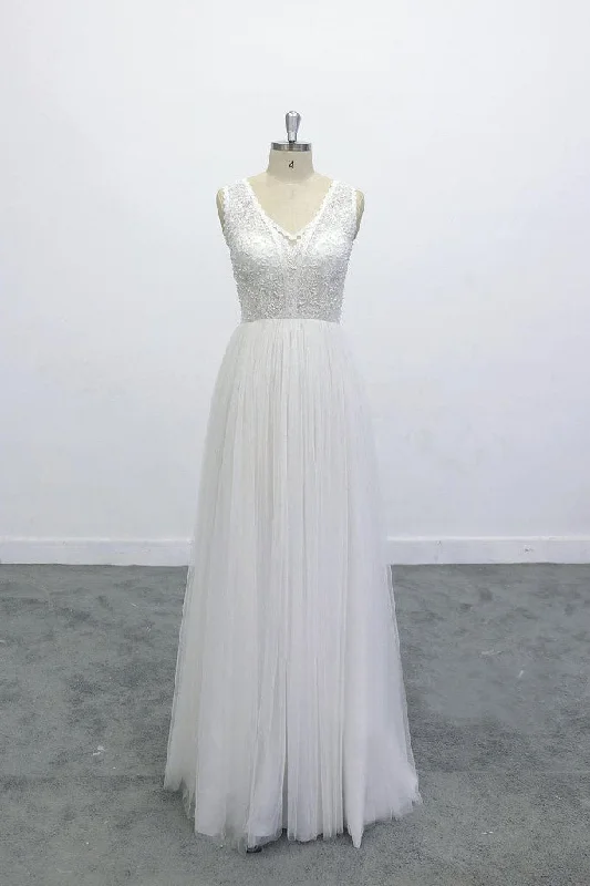 Bridal Dresses with Sheer Skirt for Feminine Look -Boho Lace Applique Beading V Neck Backless A-line Skirt Wedding Dress OKU67