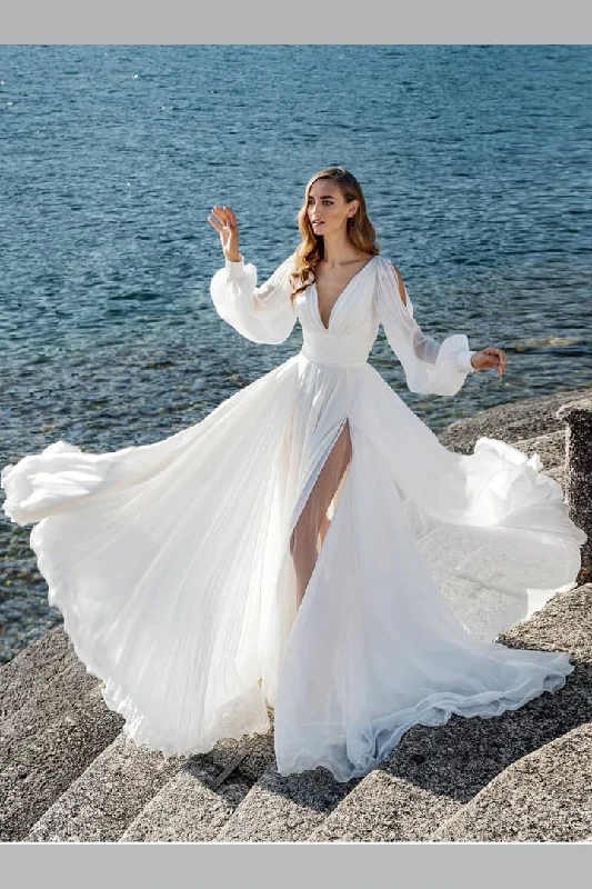 Simple and Elegant Wedding Dresses with Sleeves for Modesty -Boho Long Sleeves Wedding Dress for Seaside High Slit Side Beach Wedding Dress OK1591