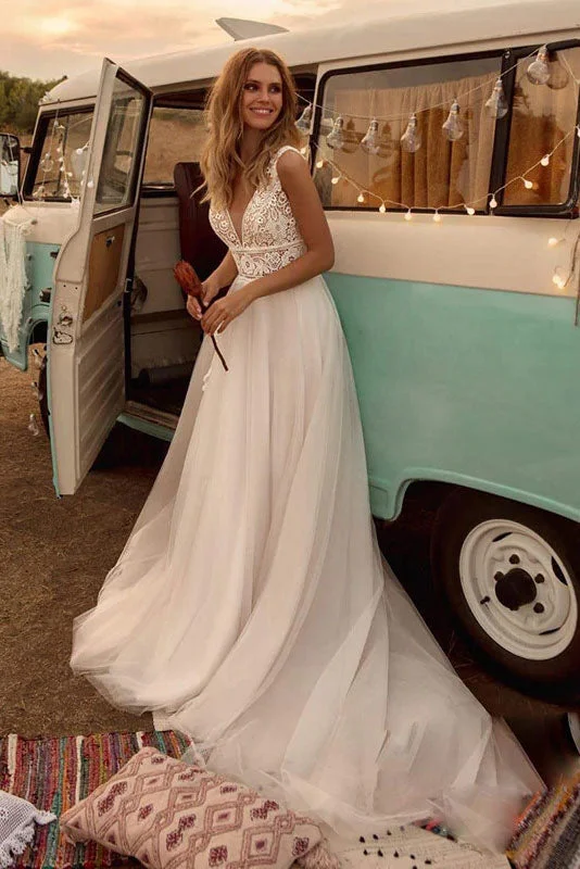 Bridal Wedding Dresses with Intricate Lace Detail -Boho V Neck A-line Lace Appliques Beach vintage Bridal Gown Custom Bohemian Wedding Dress OKV65