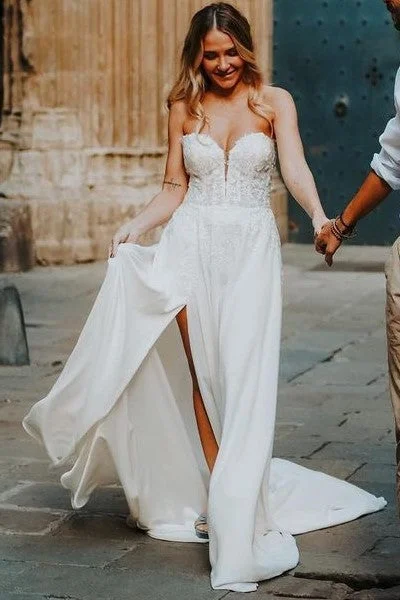 Satin Wedding Dresses with Side Slit for Added Sensuality -Casual Beach Wedding Dress with Side Split Sweetheart Simple Boho Wedding Dress OK1587