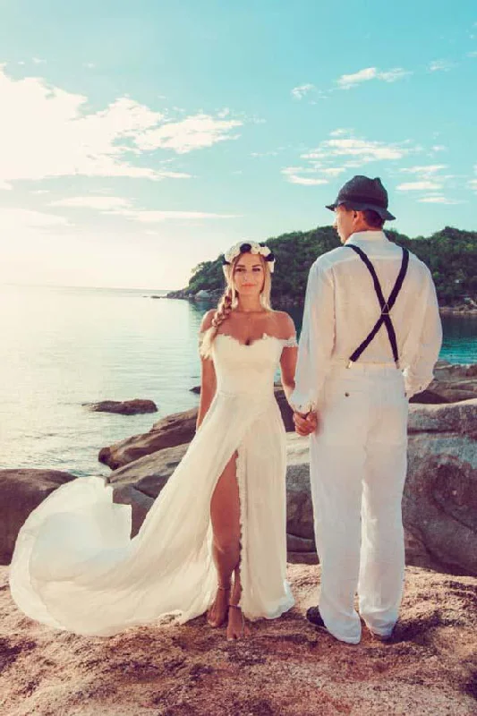 Silk and Tulle Wedding Dresses for Soft, Feminine Look -Casual Chiffon Off the Shoulder Long Off White Beach Wedding Dress With Lace OKA50