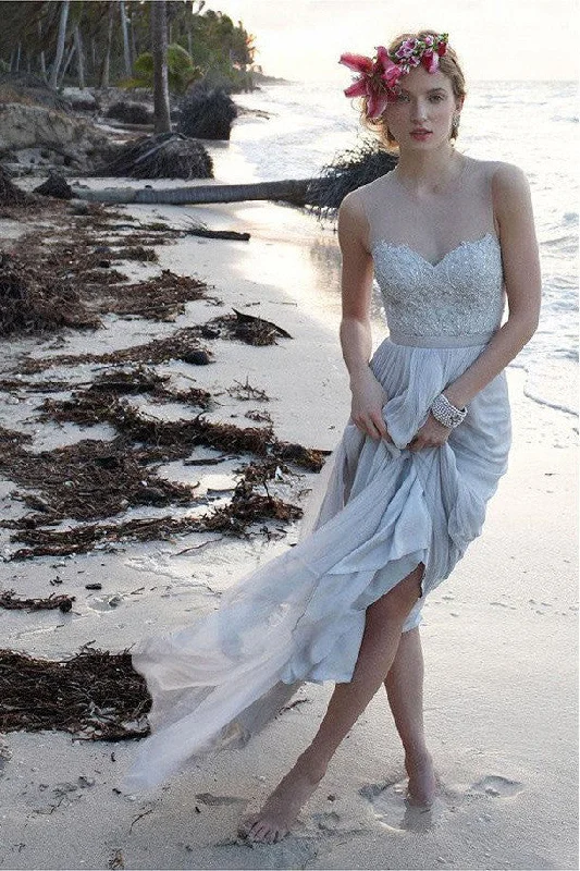 Embellished Bridal Dresses for Luxurious Effect -Casual Chiffon Sheer Back Lace Beach/Coast Wedding Dresses,A Line Long Wedding Gown OK264