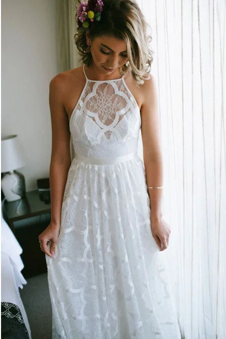 Wedding Dresses with Side Slit for Bold Look -Charming A-line Halter Backless Sweep Train White Lace Wedding Dress OKR40 Wedding Dresses with Side Slit for Bold Look -Charming A-line Halter Backless Sweep Train White Lace Wedding Dress OKR40