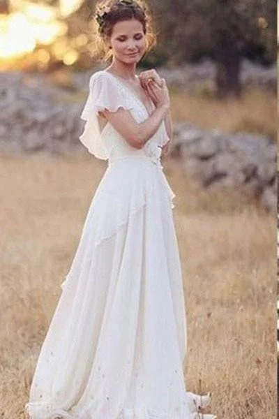Bridal Dresses with Train for Dramatic Effect -Charming A-Line Ivory  V-Neck Chiffon Wedding Dress,Cheap Bridal Dress OKJ5