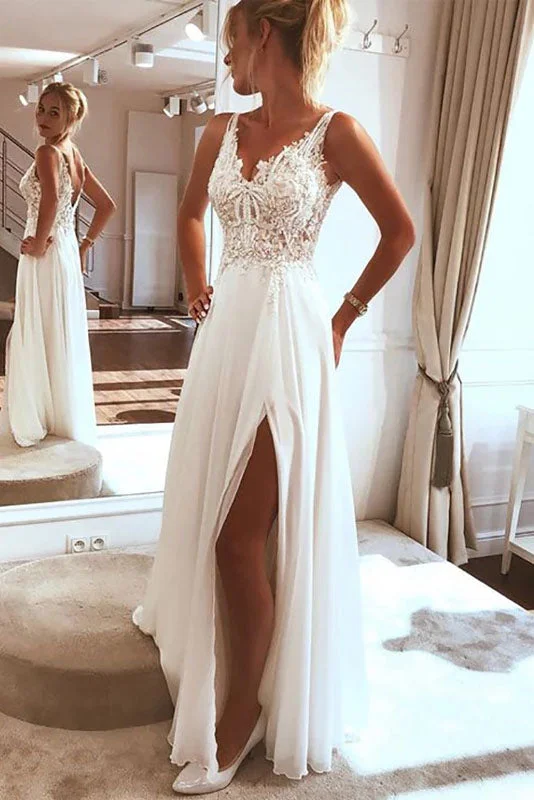 Satin Wedding Dresses with Pleats for Structured Appeal -Charming A-line Side Split Top Lace Boho Bride Dress Sexy Appliques Wedding Gown OKW95