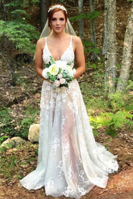 Wedding Dresses with Crystal Detailing for Extra Glam -Charming A-Line Spaghetti Straps Sweep Train Wedding Dresses with Appliques OKL59