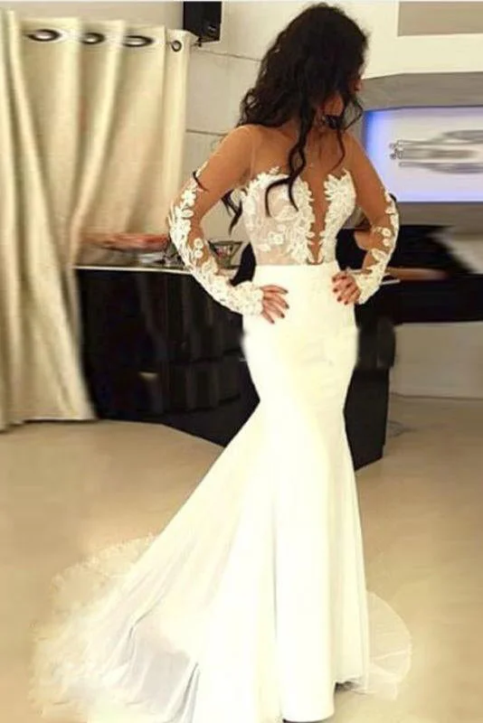 Wedding Dresses with Capped Sleeves for Subtle Style -Charming Ivory Mermaid Sheer Neck Long Sleeves Lace Appliques Wedding Dress OKX89