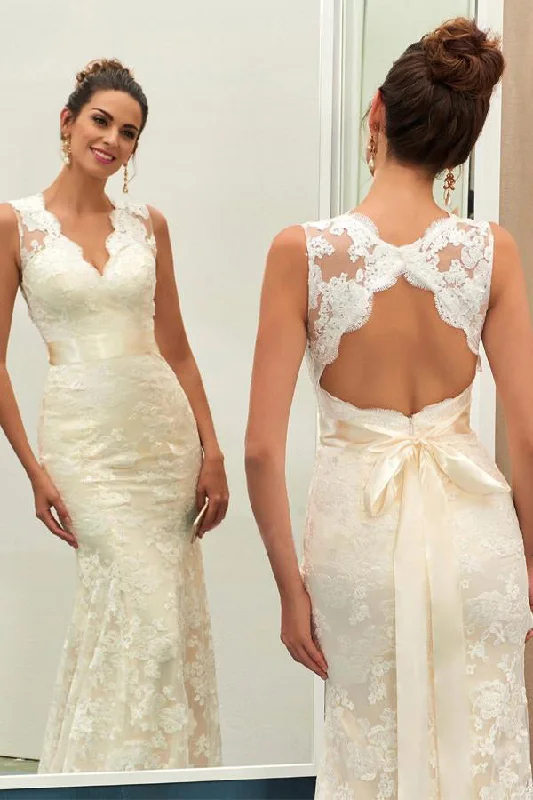 Wedding Dresses with Pockets for Practical Elegance -Charming Ivory V Neck Lace Sheath Open Back Wedding Dresses With Sashes OK545 Wedding Dresses with Pockets for Practical Elegance -Charming Ivory V Neck Lace Sheath Open Back Wedding Dresses With Sashes OK545