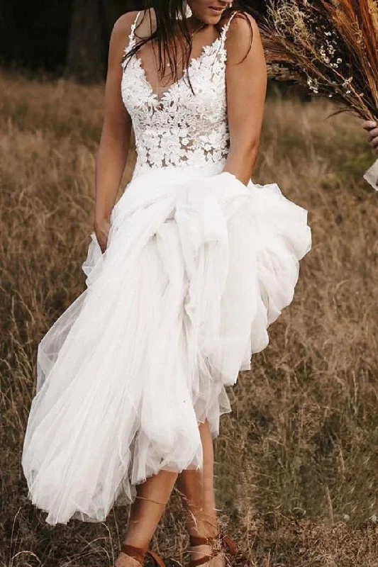 Lace Wedding Dresses for Romantic Vibes -Charming Lace Bodice V Neck Spaghetti Straps Bridal Dress White Backless A-line Wedding Dress OKU76
