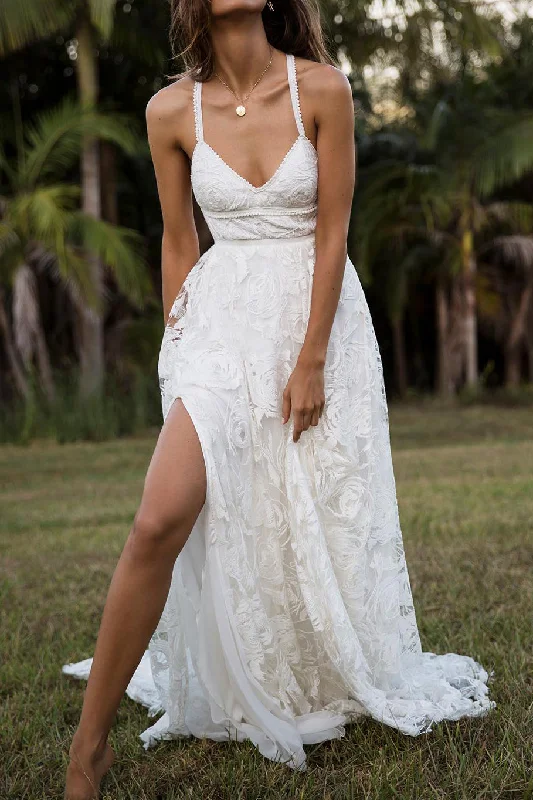 Ivory Wedding Dresses for Timeless Elegance -Charming Lace Long A-line Spaghetti Straps Split Ivory Beach Wedding Dresses OK739