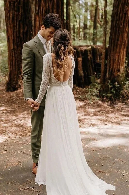 Sleek Wedding Dresses with Long Sleeves for Elegant Appeal -Charming Lace Top Scoop Long Sleeves Wedding Dress A-line Chiffon Bridal Gowns OKY35