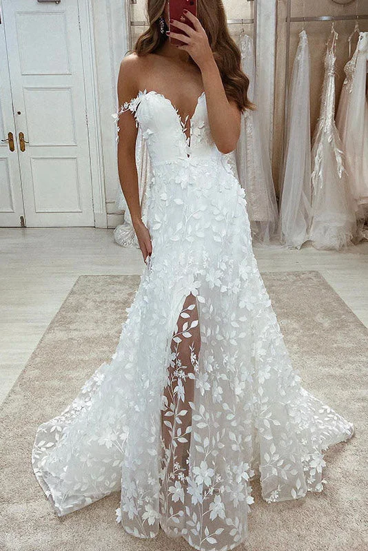 A-Line Wedding Dresses with Satin for Sleek Style -Charming Off the Shoulder A-line Lace Beach Long Wedding Dresses With Slit OK1928
