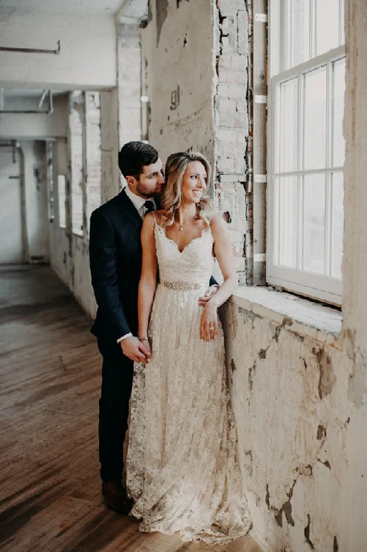 Wedding Dresses with Pearl Detail for Timeless Touch -Charming Spaghetti Strap V-neck Long Lace Beach Wedding Dress OKM91 Wedding Dresses with Pearl Detail for Timeless Touch -Charming Spaghetti Strap V-neck Long Lace Beach Wedding Dress OKM91