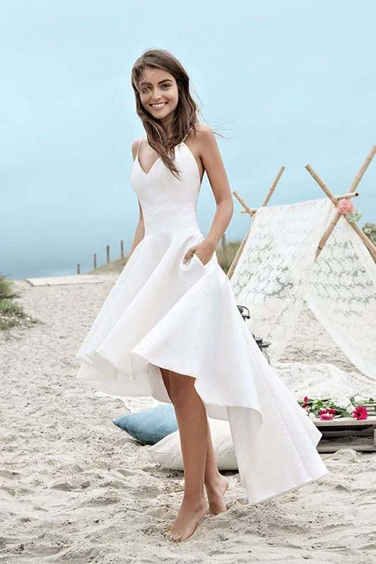 Sequined Wedding Dresses for Dazzling Appeal -Charming Spaghetti Straps V Neck Long High Low Wedding Dress, ivory Short Homecoming Dress OK408
