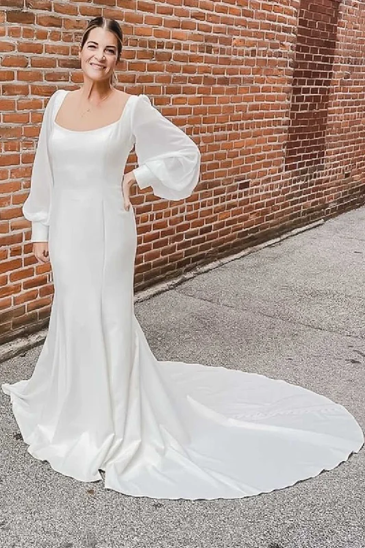 Boho-Chic Wedding Dresses with Flowy Skirt for Carefree Style -Charming Square Neck Long Sleeves Satin Backless Mermaid Wedding Dress OK1621