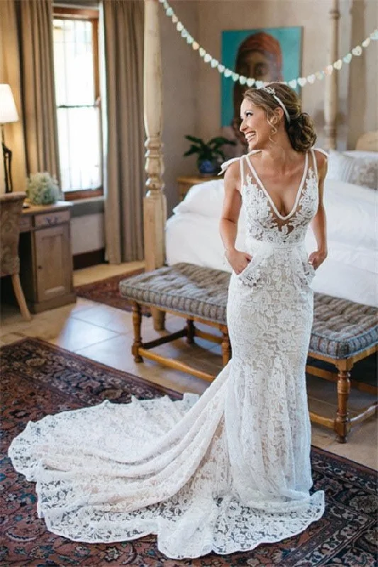 Wedding Dresses with Beaded Accents for Extra Glam -Charming V-Neck Sleeveless Mermaid Backless Lace Pocket Wedding Dresses With Court Train OK598 Wedding Dresses with Beaded Accents for Extra Glam -Charming V-Neck Sleeveless Mermaid Backless Lace Pocket Wedding Dresses With Court Train OK598