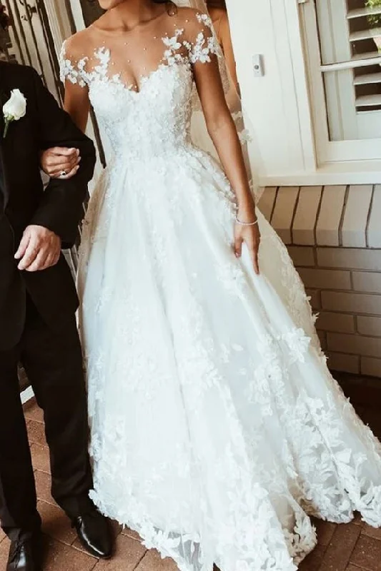 Tiered Wedding Dresses for Full and Voluminous Look -Charming White Lace Sheer Neck A-line Scoop Backless Long Wedding Dress with Appliques OKY64
