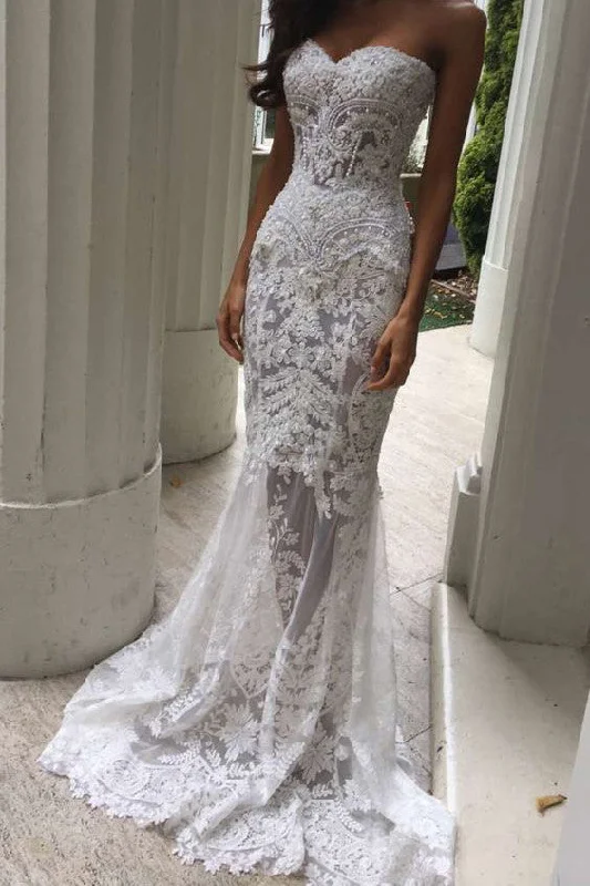 Modern Wedding Dresses with Clean Silhouette -Charming White Lace Mermaid Sexy Sweetheart Sexy Long Beach Wedding Dress OK184 Modern Wedding Dresses with Clean Silhouette -Charming White Lace Mermaid Sexy Sweetheart Sexy Long Beach Wedding Dress OK184
