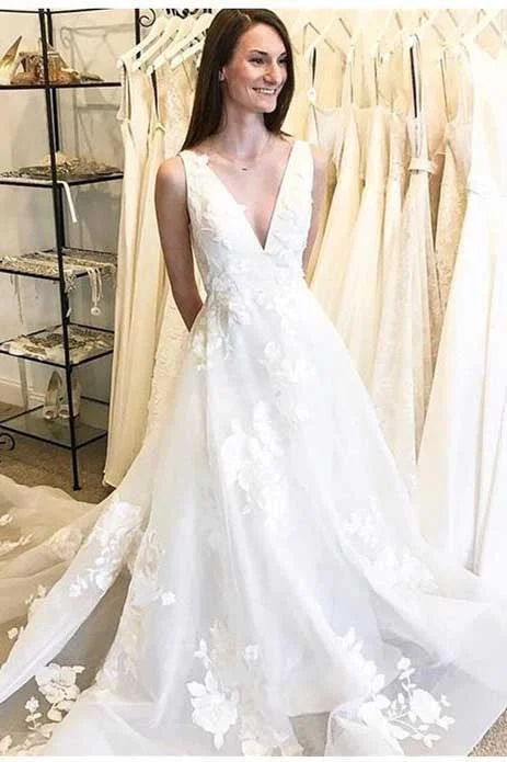 Silk Wedding Dresses with Embellished Waist for Extra Glam -Cheap A-Line Deep V-Neck Backless Long Wedding Dresses with Appliques OKB61 Silk Wedding Dresses with Embellished Waist for Extra Glam -Cheap A-Line Deep V-Neck Backless Long Wedding Dresses with Appliques OKB61