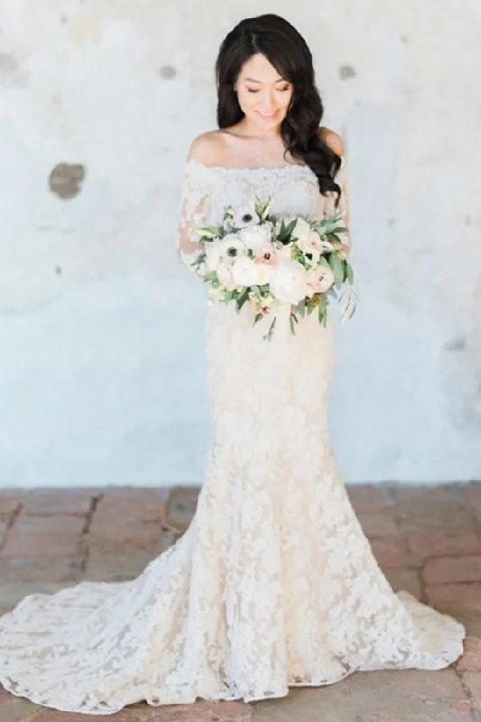 Modern Wedding Dresses with Clean Silhouette for Minimalist Charm -Cheap Off Shoulder White Lace Long Sleeves Mermaid Wedding Dress OK569 Modern Wedding Dresses with Clean Silhouette for Minimalist Charm -Cheap Off Shoulder White Lace Long Sleeves Mermaid Wedding Dress OK569