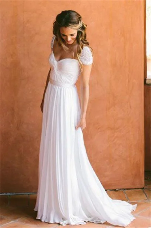 Elegant A-Line Wedding Dresses for Classic Brides -Cheap Sweetheart Beading Cap Sleeves Chiffon A-Line Pleats Wedding Dresses OK772