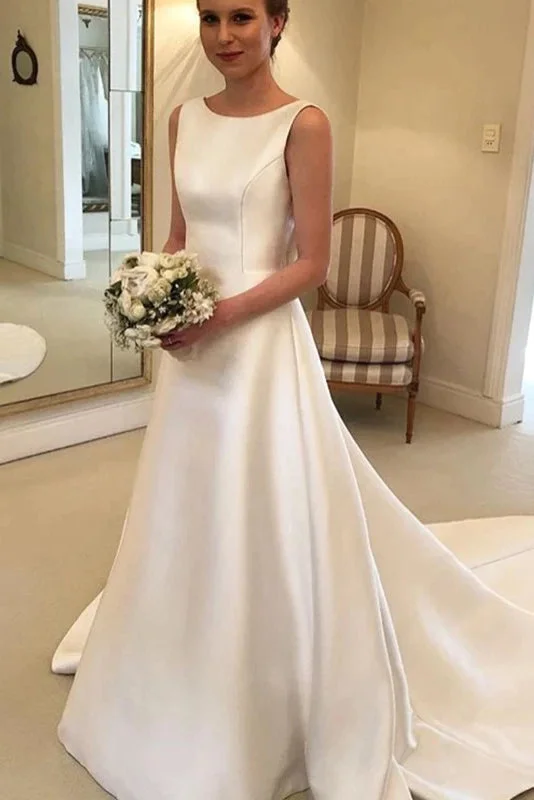 Custom Bridal Dresses for Personalized Style -Cheapest Boho A-line Jewel Backless Wedding Dress Chapel Train Satin Bridal Dress OKX6 Custom Bridal Dresses for Personalized Style -Cheapest Boho A-line Jewel Backless Wedding Dress Chapel Train Satin Bridal Dress OKX6