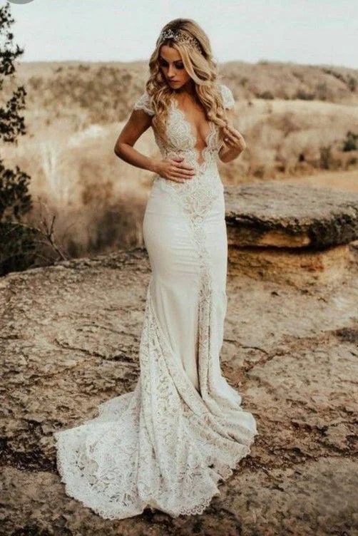 Wedding Dresses with Train for Dramatic Entrance -Chic Mermaid Round Sheer Neck Cap Sleeves Wedding Dress With Lace Beach Bridal Dress OKY5